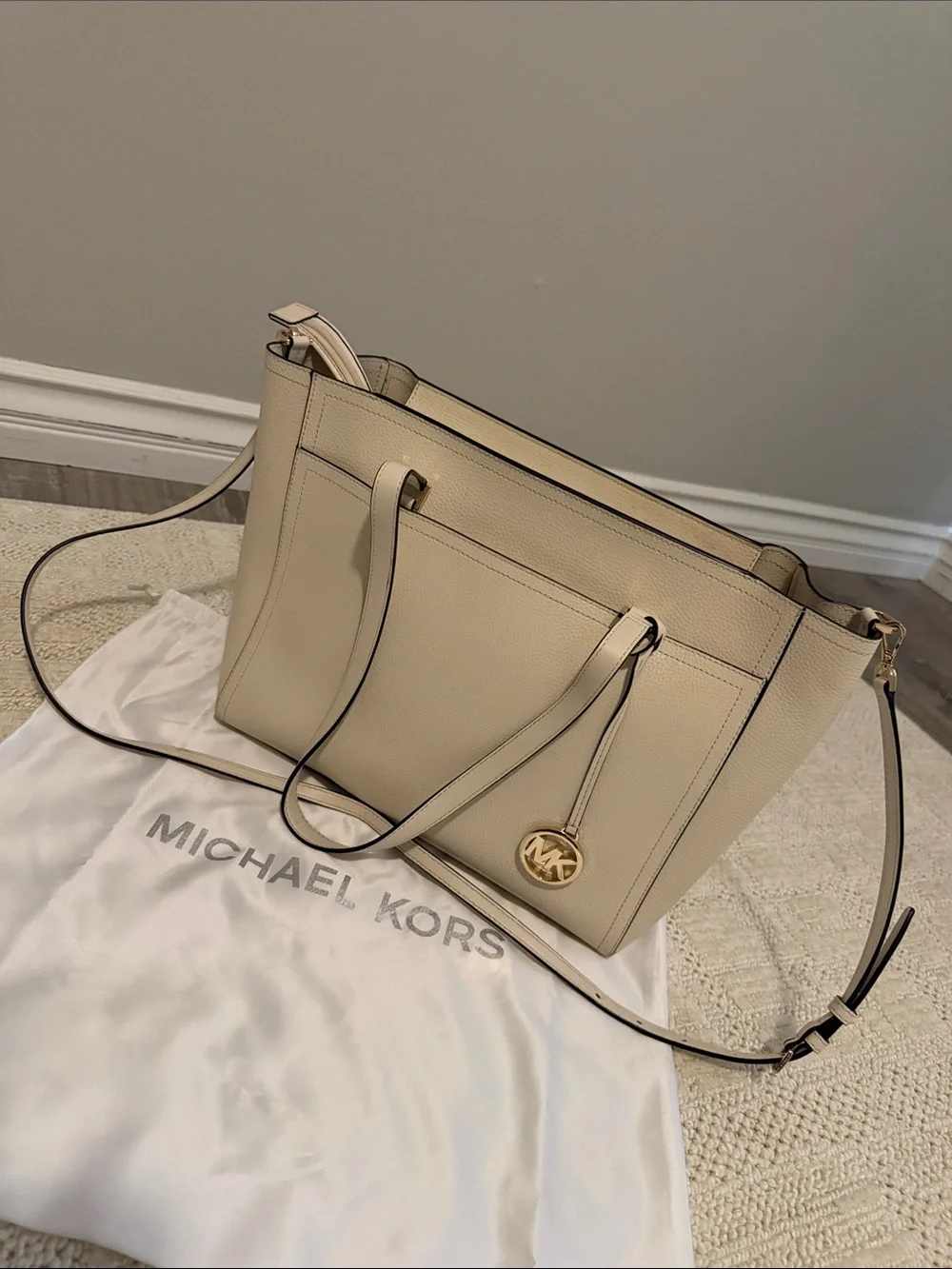 Michael Kors Ivory Pebbled Leather Tote with Crossbody Strap